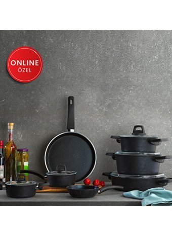 Schafer Dark Storm 12 Parça Cam Kapaklı Granit Tencere ve Tava Seti