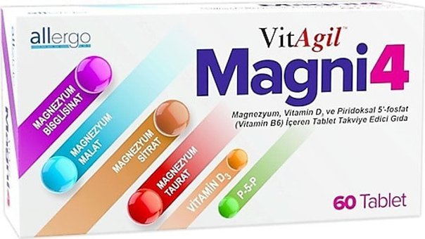 Vitagil Magni 4 Magnezyum Vitamin D3 P5P Aromasız Yetişkin Vitamin 60 Tablet