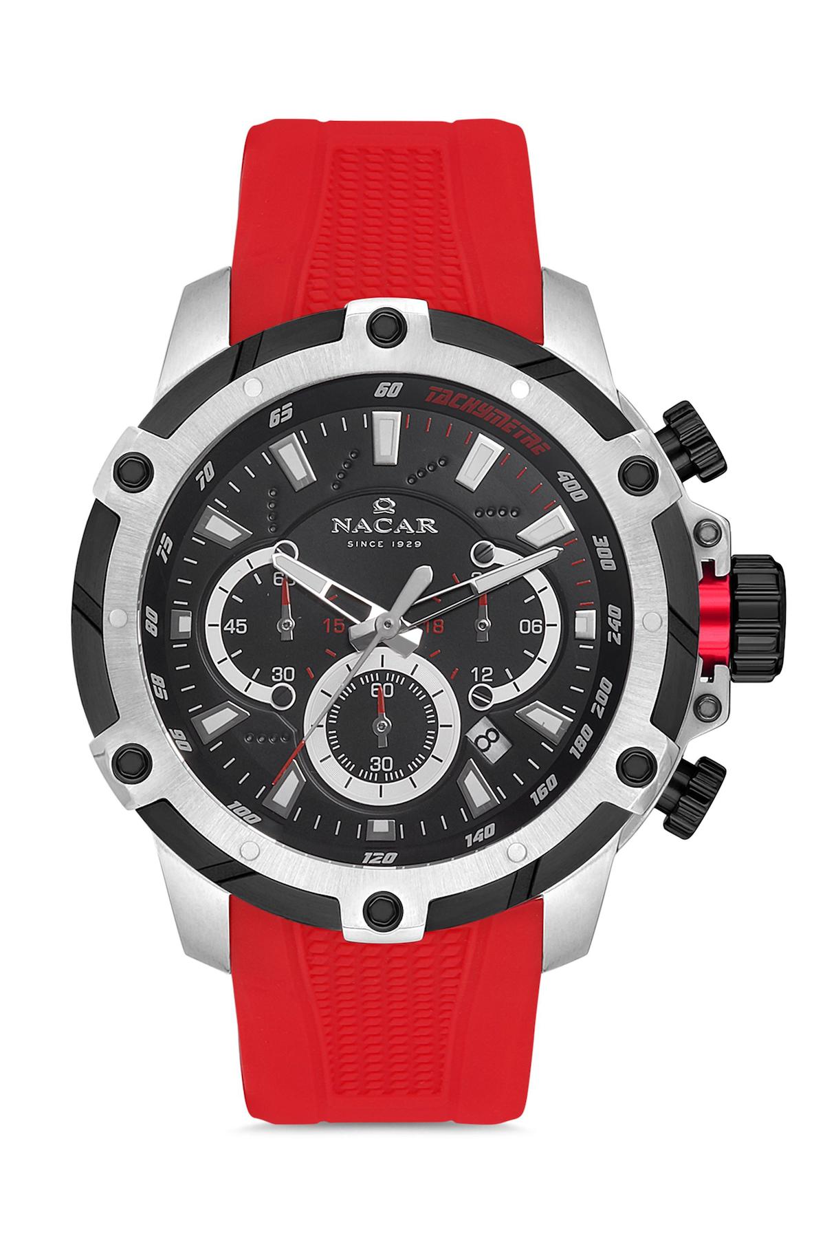 Nacar 33296820ABS4 Takvimli 44 mm Kırmızı Çelik Kordon Analog Kol Saati