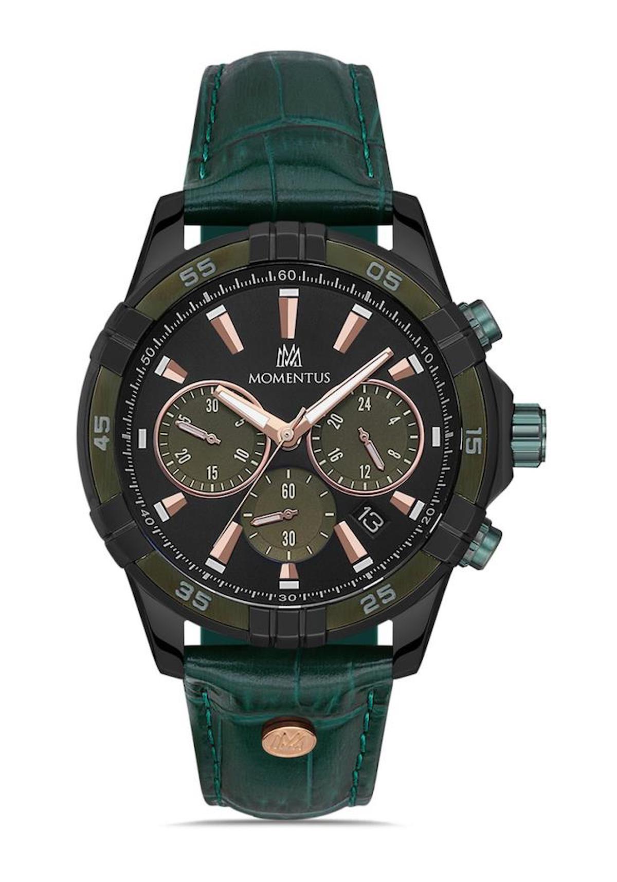Momentus SM367B-04YS Takvimli 44 mm Haki Deri Kordon Analog Erkek Kol Saati