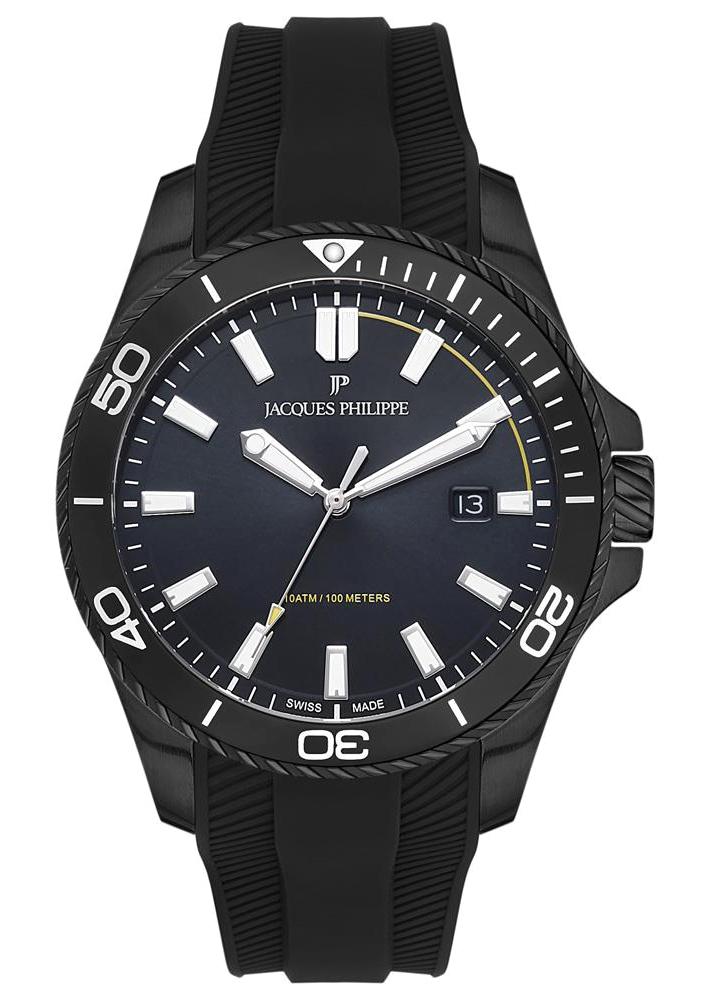 Jacques Philippe JPQGS144411 Takvimli 43 mm Siyah Silikon Kordon Analog Erkek Kol Saati