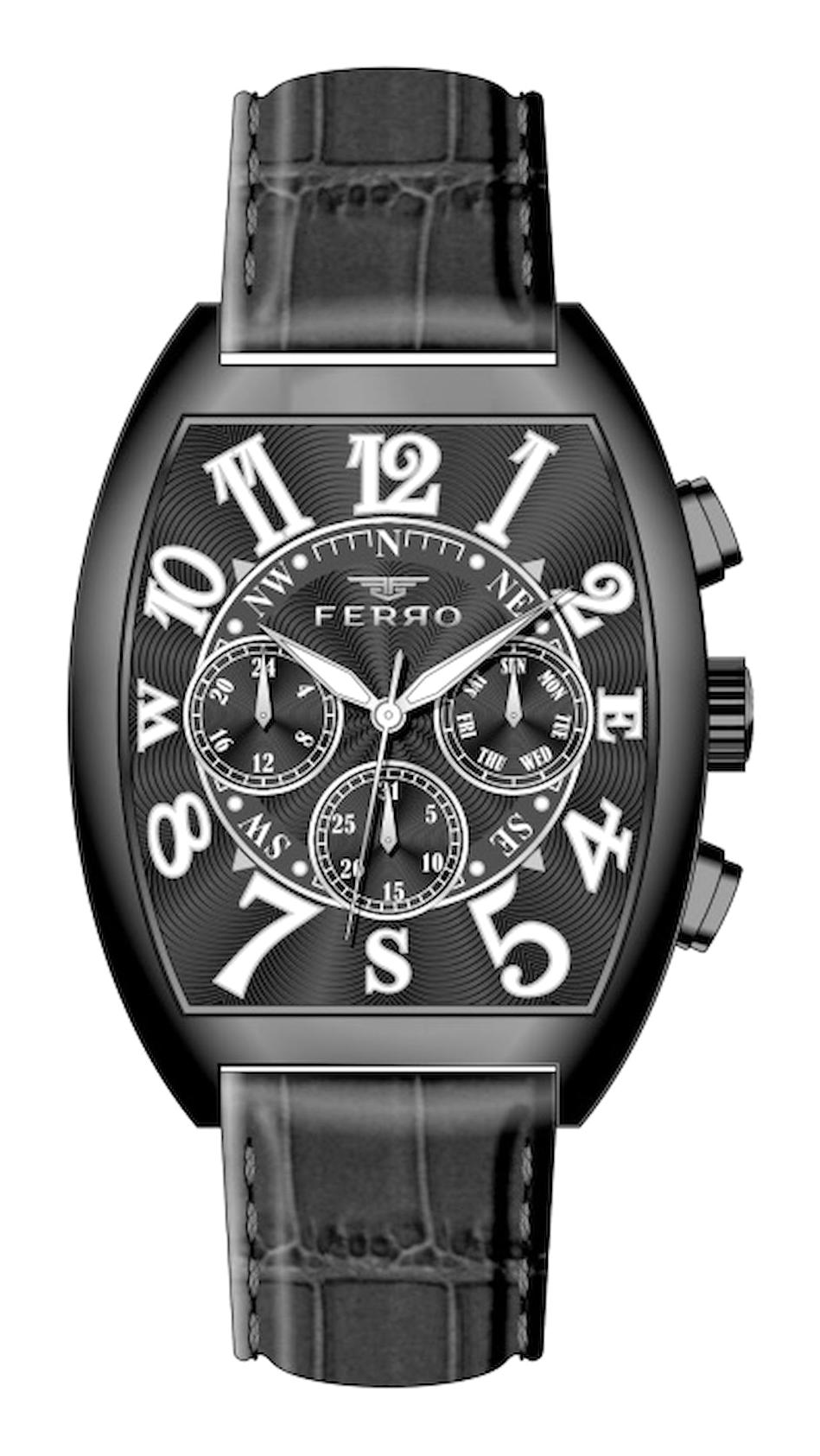 Ferro FM11447B-G Takvimli 44 mm Siyah Deri Kordon Analog Erkek Kol Saati