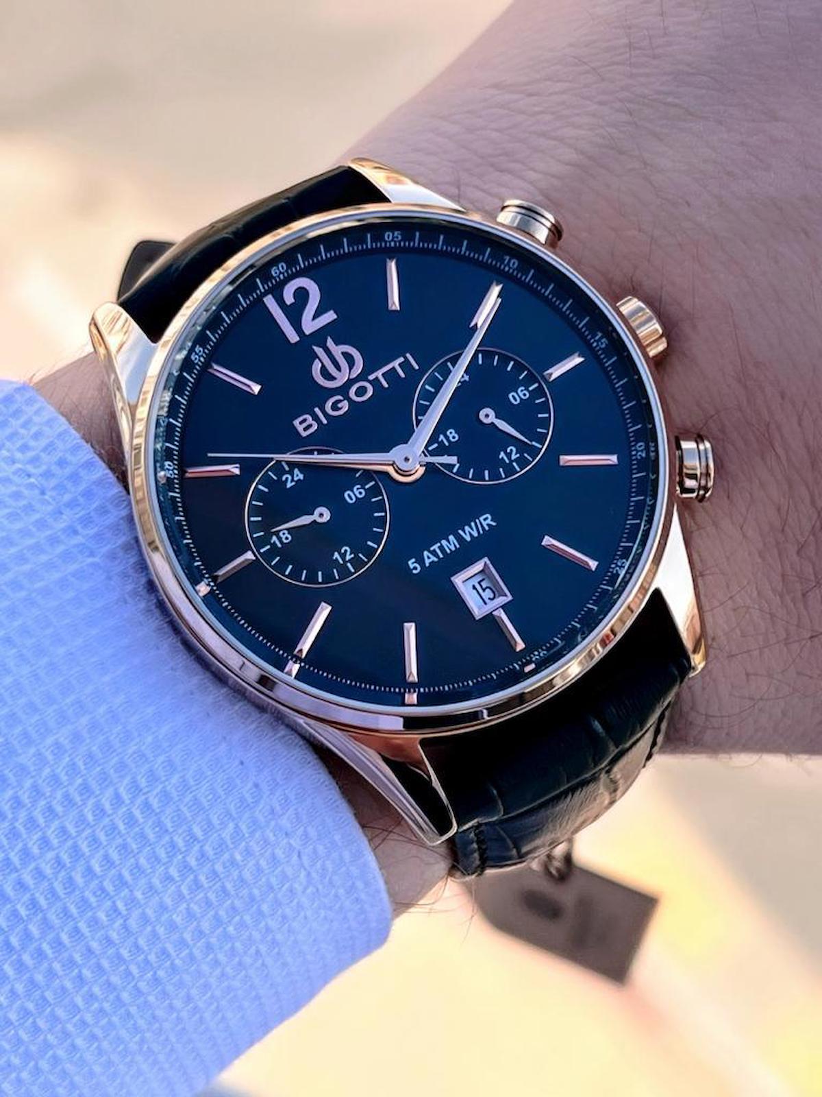 Bigotti BG.1.105.10.5 Su Geçirmez Takvimli 45 mm Siyah Deri Kordon Analog Erkek Kol Saati