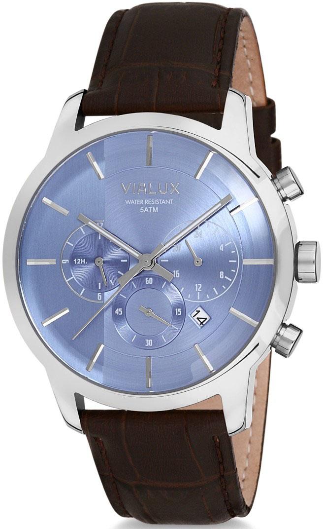Vialux VX555S-10KS Takvimli 44 mm Kahverengi Deri Kordon Analog Kol Saati