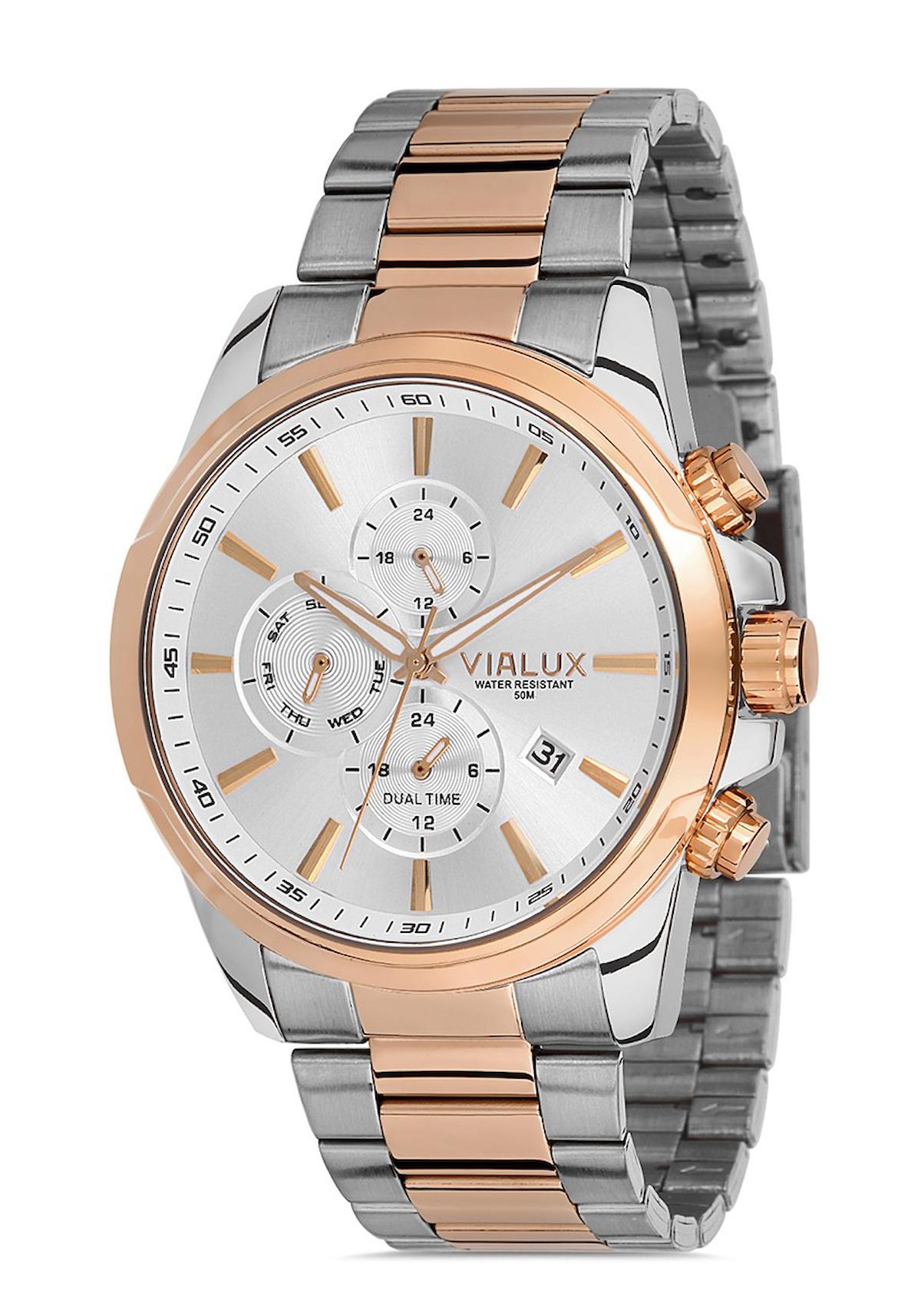 Vialux VX573T-02SR Takvimli 45 mm Rose Gold Çelik Kordon Analog Erkek Kol Saati