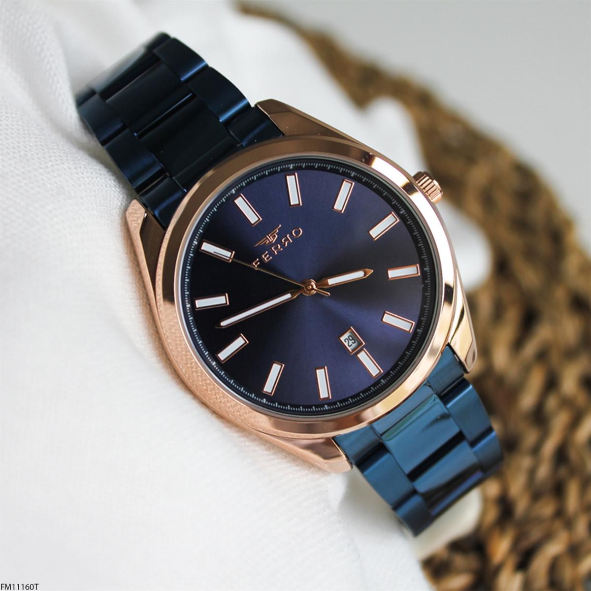 Ferro F11160T Takvimli 41 mm Lacivert Metal Kordon Analog Erkek Kol Saati