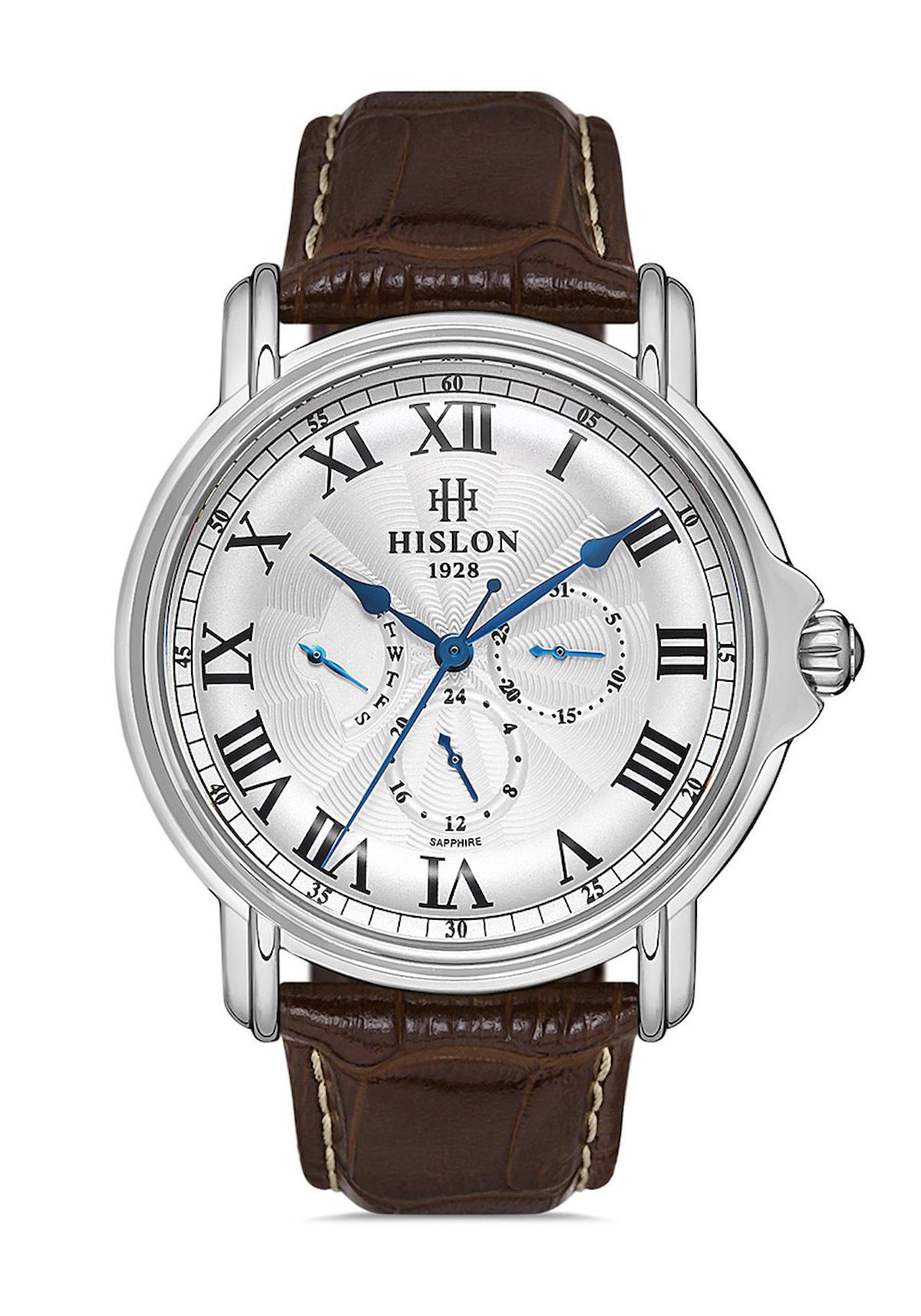 Hislon DT112S-02KS Pusulalı Takvimli Kahverengi Deri Kordon Analog Erkek Kol Saati