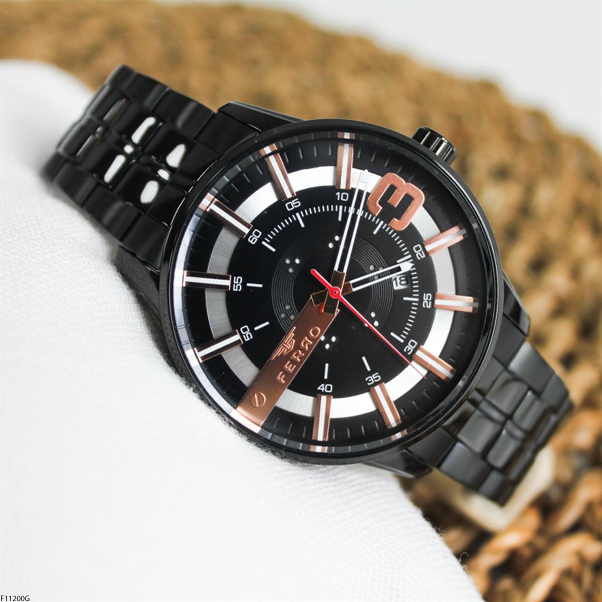 Ferro F11200G Takvimli 45 mm Siyah Çelik Kordon Analog Erkek Kol Saati