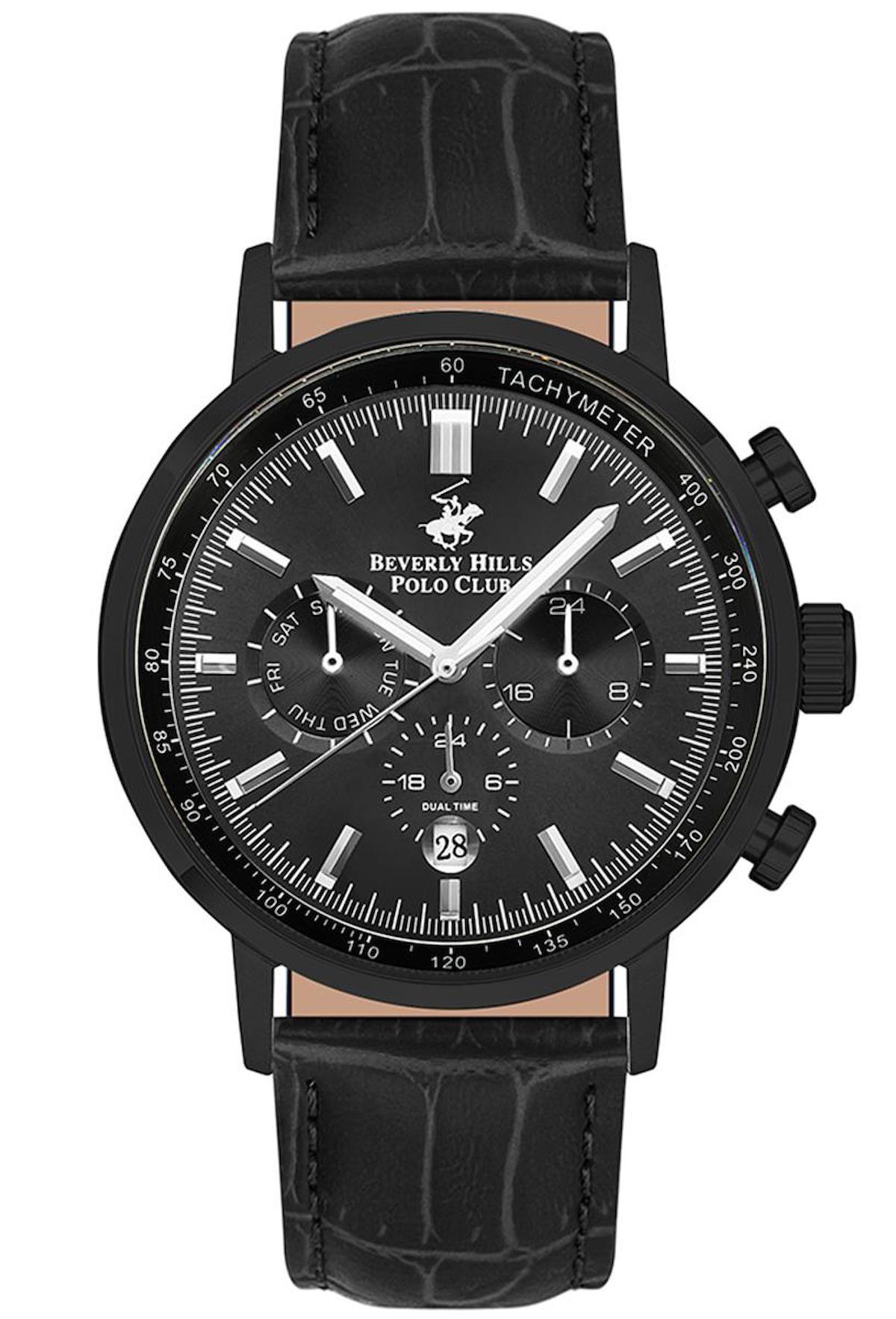 Beverly Hills Polo Club BP3303X651 Takvimli 47 mm Siyah Deri Kordon Analog Erkek Kol Saati