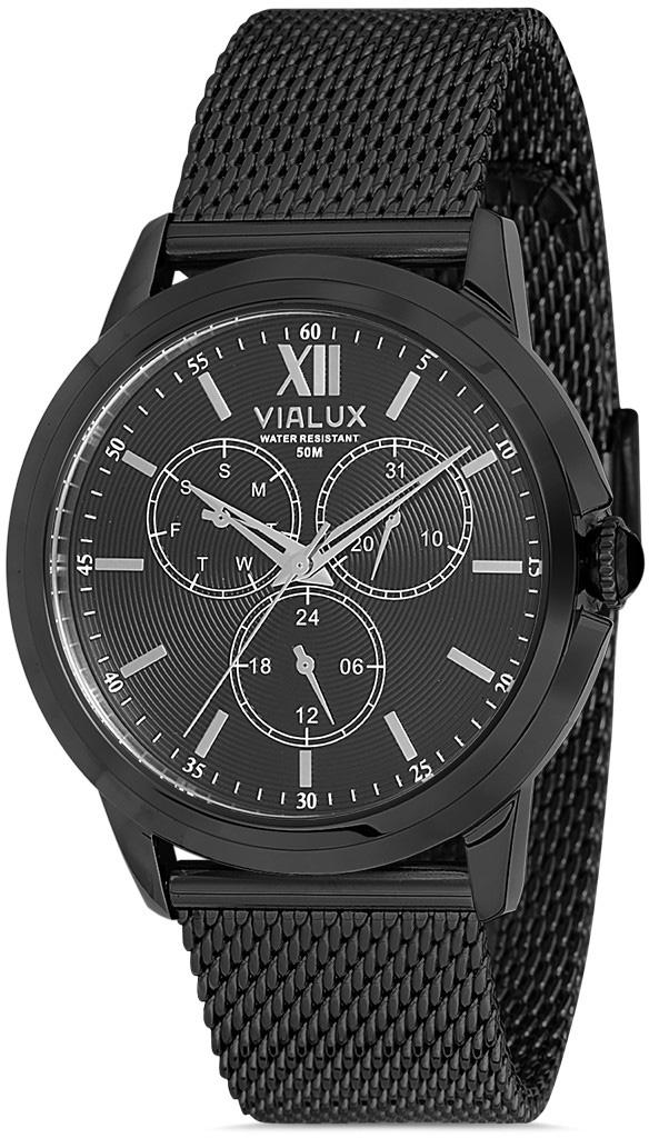 Vialux VX530B-04SS Takvimli 43 mm Siyah Çelik Kordon Analog Kol Saati