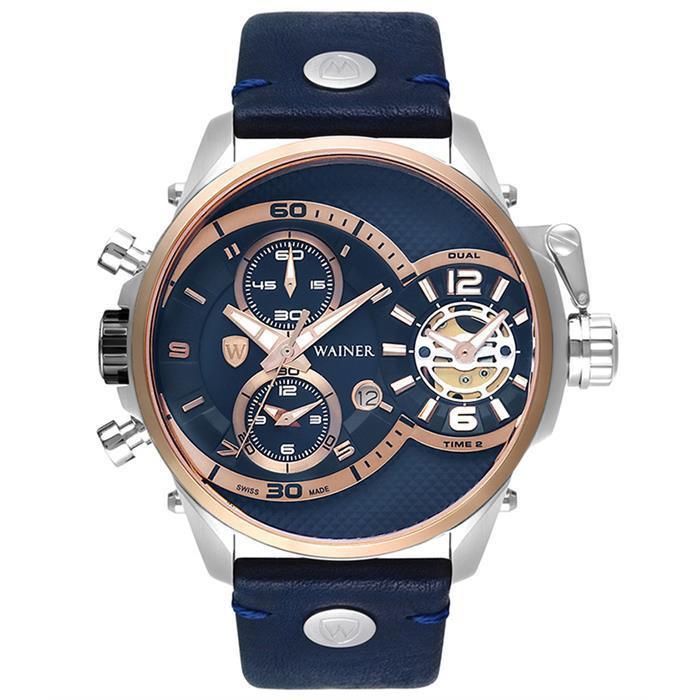 Wainer WA.10880-A Pusulalı Takvimli 50 mm Lacivert Deri Kordon Analog Kol Saati