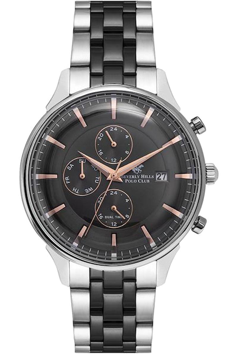 Beverly Hills Polo Club BP3015X360 Takvimli 42 mm Gri-Siyah Çelik Kordon Analog Kol Saati
