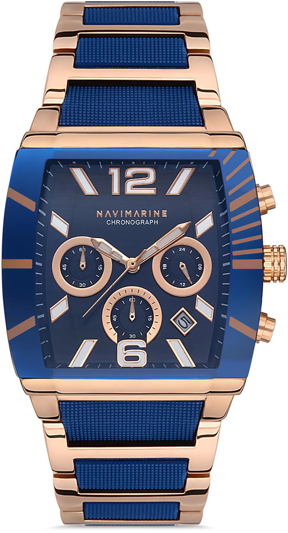 Navimarine NM093-04 Takvimli 45 mm Mavi-Rose Gold Çelik Kordon Analog Kol Saati