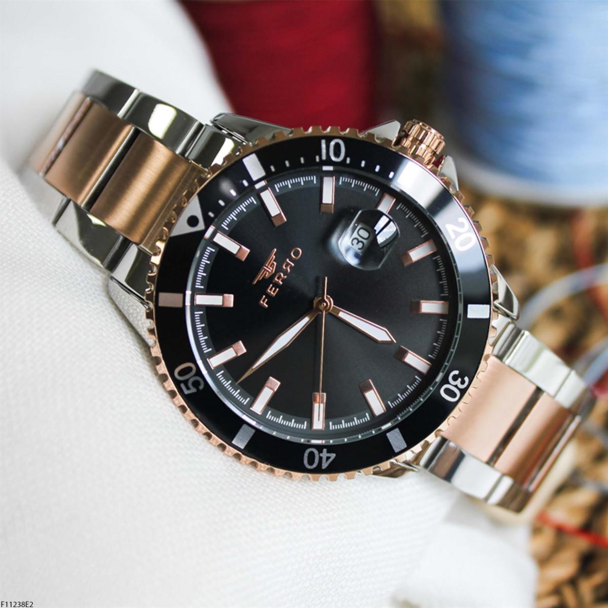 Ferro F11238E2 Takvimli 42 mm Gri-Rose Gold Çelik Kordon Analog Erkek Kol Saati
