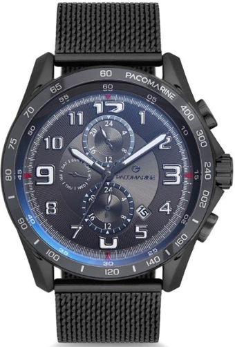 Pacomarine PM.61164.04 Takvimli 46 mm Siyah Çelik Kordon Analog Erkek Kol Saati