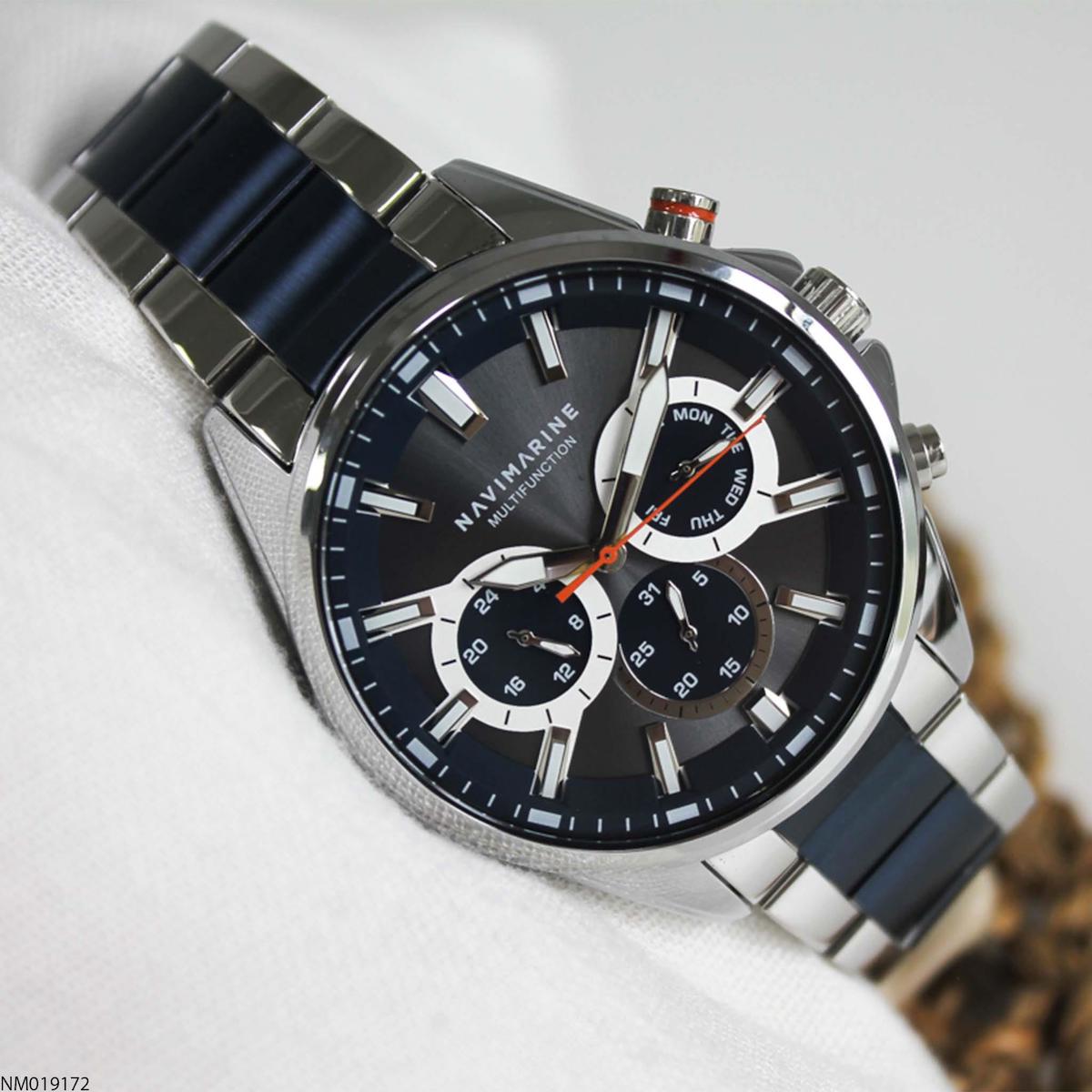 Navimarine NM019172 Takvimli 46 mm Gri-Lacivert Çelik Kordon Analog Erkek Kol Saati