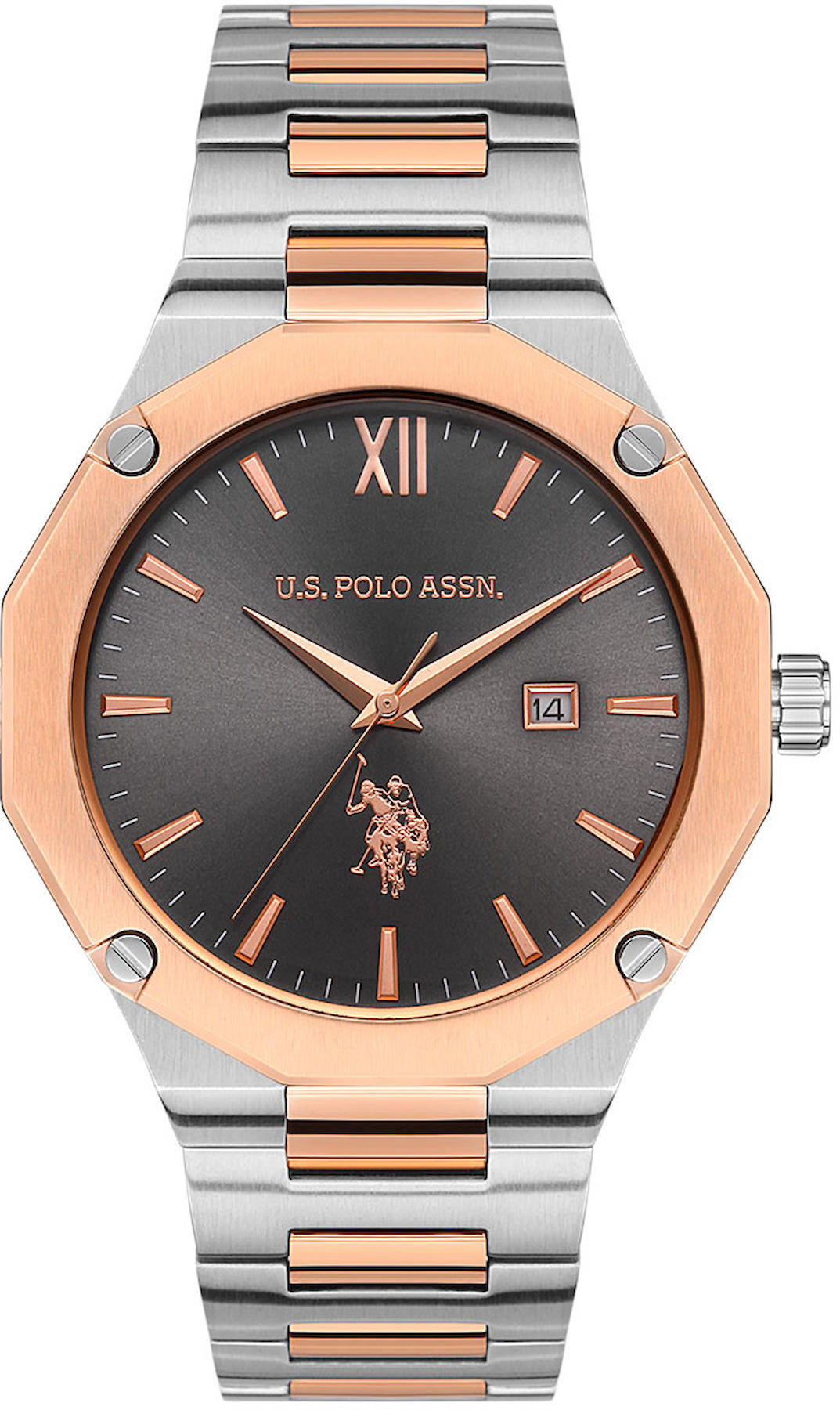 U.S. Polo Assn USPA1056-02 Takvimli 44 mm Gri-Rose Gold Çelik Kordon Analog Erkek Kol Saati
