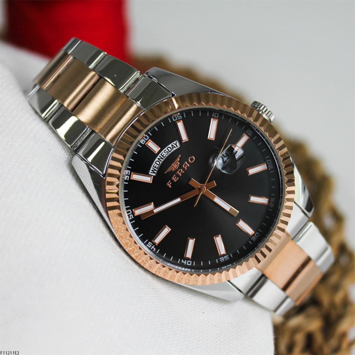 Ferro F11211E2 Takvimli 41 mm Altın-Çelik Kordon Analog Erkek Kol Saati