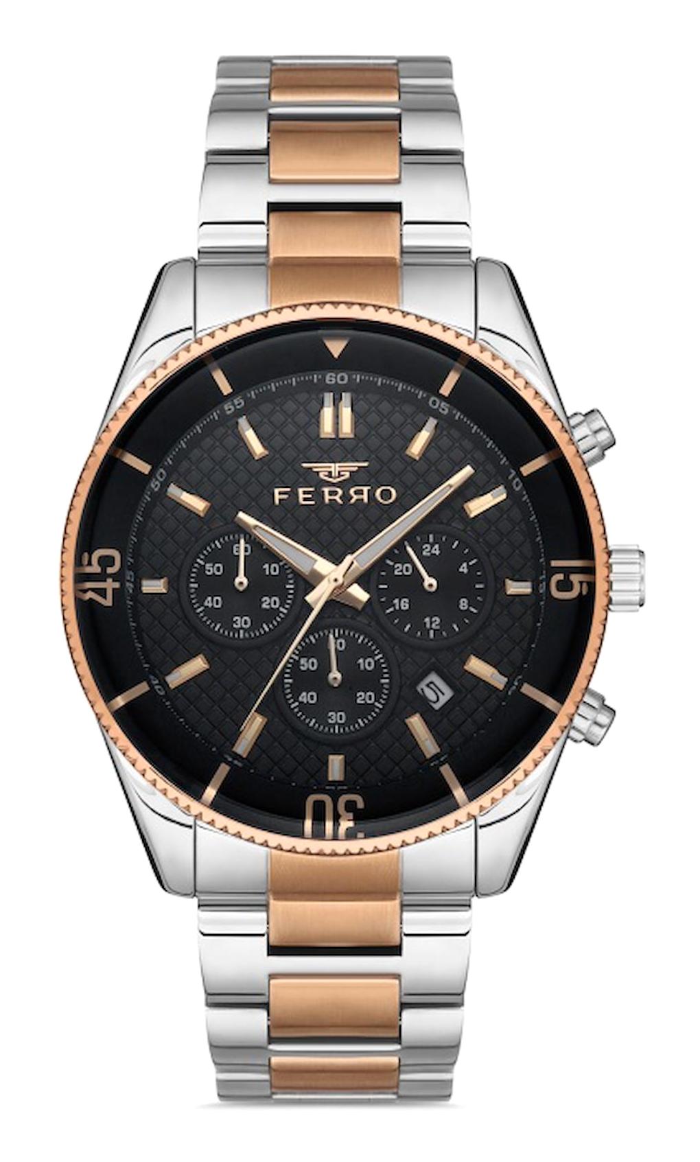 Ferro FM31920A-E Takvimli 45 mm Gri-Rose Gold Metal Kordon Analog Erkek Kol Saati