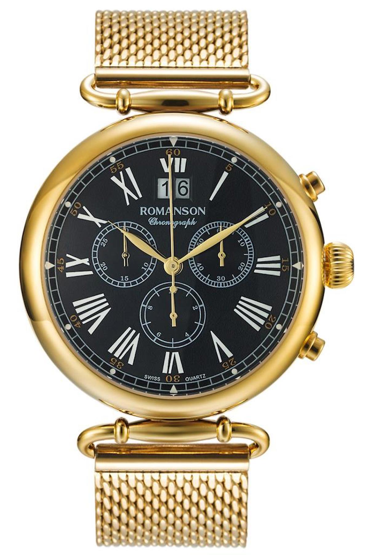 Romanson TM7A13HMGGA3R5 Takvimli 45 mm Altın Hasır Kordon Analog Erkek Kol Saati