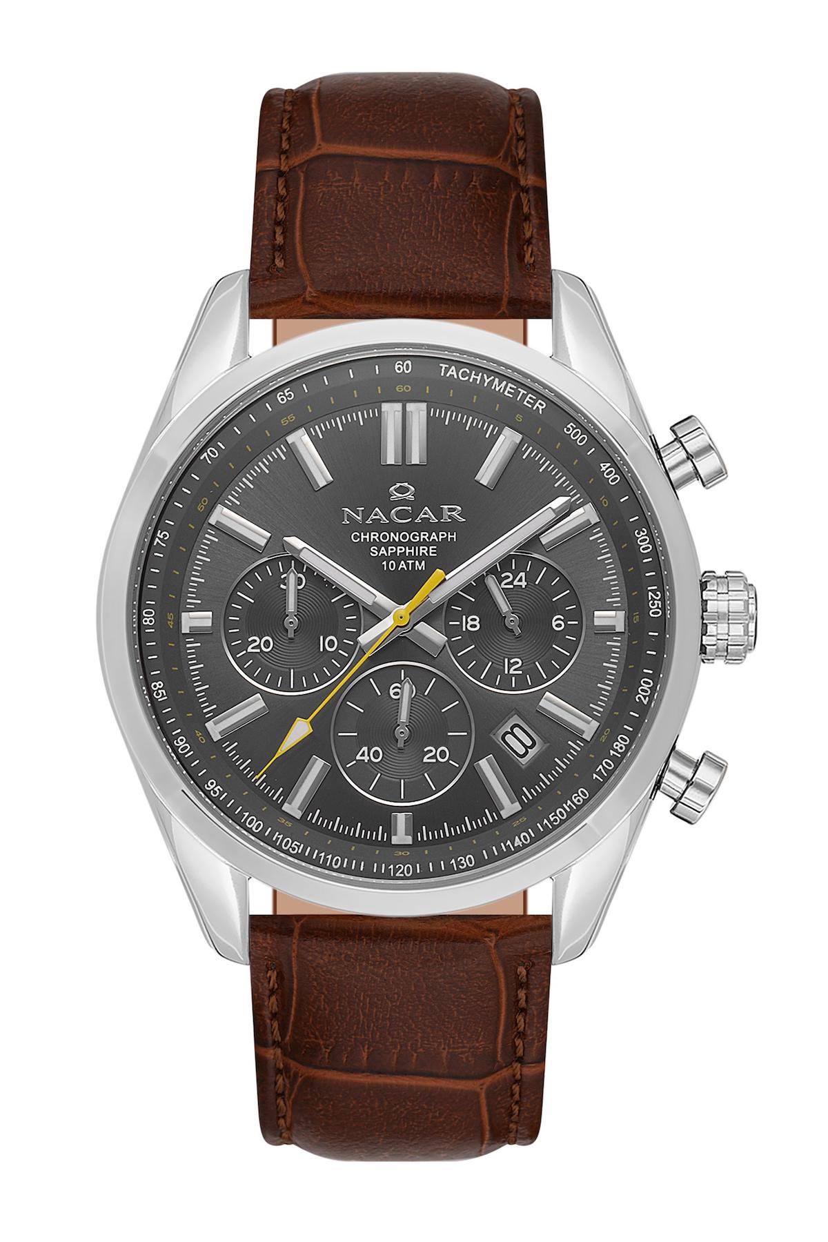 Nacar 34290713AGL2 Takvimli 44 mm Kahverengi Çelik Kordon Analog Kol Saati