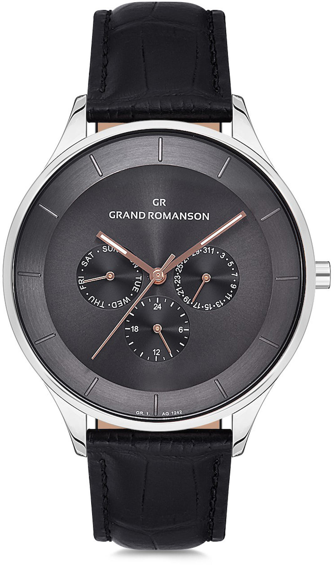 Romanson GR.1.AG1242.10 Takvimli 45 mm Siyah Deri Kordon Analog Kol Saati