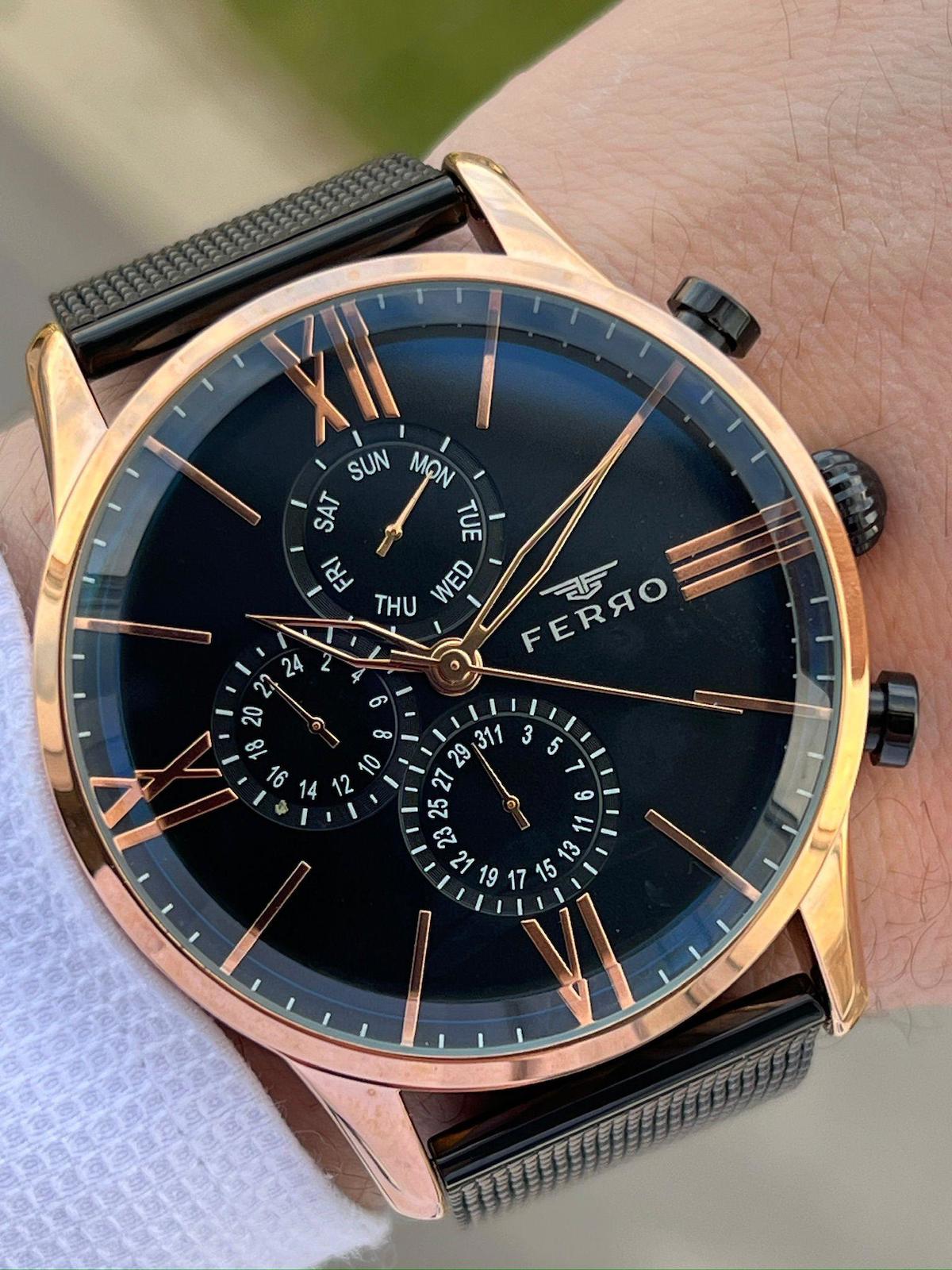 Ferro ETM9C60 Su Geçirmez Pusulalı Takvimli 44 mm Siyah Çelik Kordon Analog Erkek Kol Saati