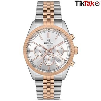 Hislon T117T-02SR Pusulalı Takvimli Gri-Rose Gold Çelik Kordon Analog Erkek Kol Saati
