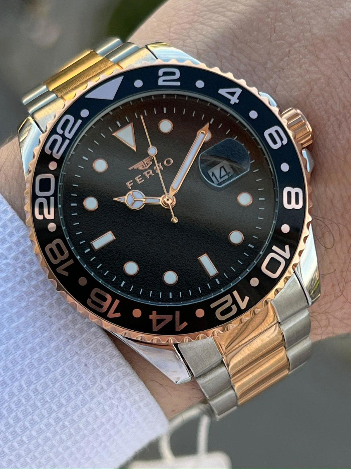 Ferro EFM11253-E2 Su Geçirmez Takvimli 44 mm Gri-Rose Gold Çelik Kordon Analog Erkek Kol Saati