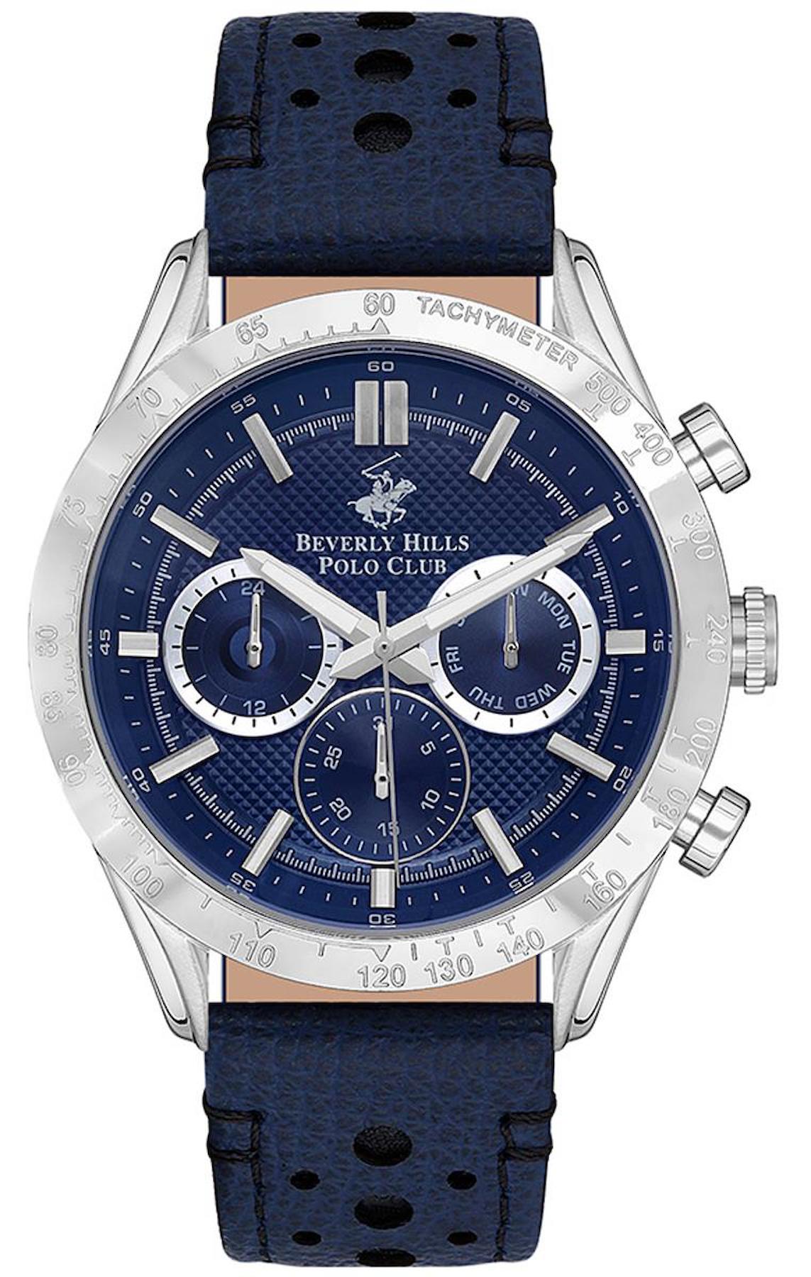 Beverly Hills Polo Club BP3317X399 Takvimli 46 mm Lacivert Deri Kordon Analog Erkek Kol Saati