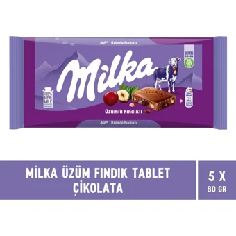 Milka Sütlü Fındıklı-Üzümlü Çikolata 80 gr 5 Adet
