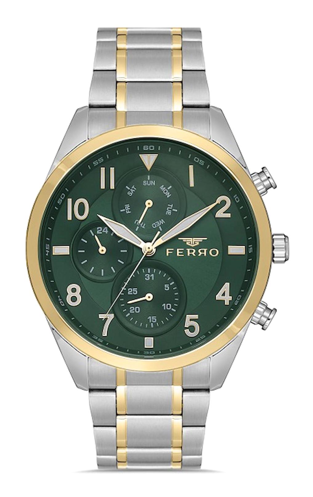 Ferro FM31454A-D6 Takvimli 44 mm Altın-Çelik Kordon Analog Erkek Kol Saati