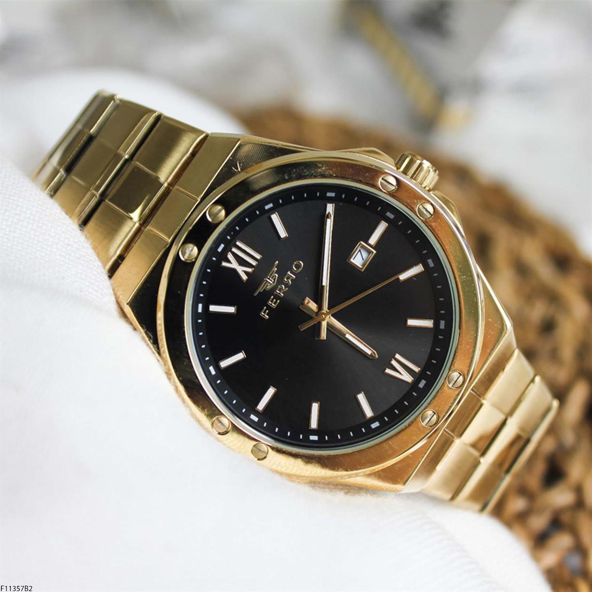 Ferro F113257B2 Takvimli 44 mm Altın Çelik Kordon Analog Erkek Kol Saati