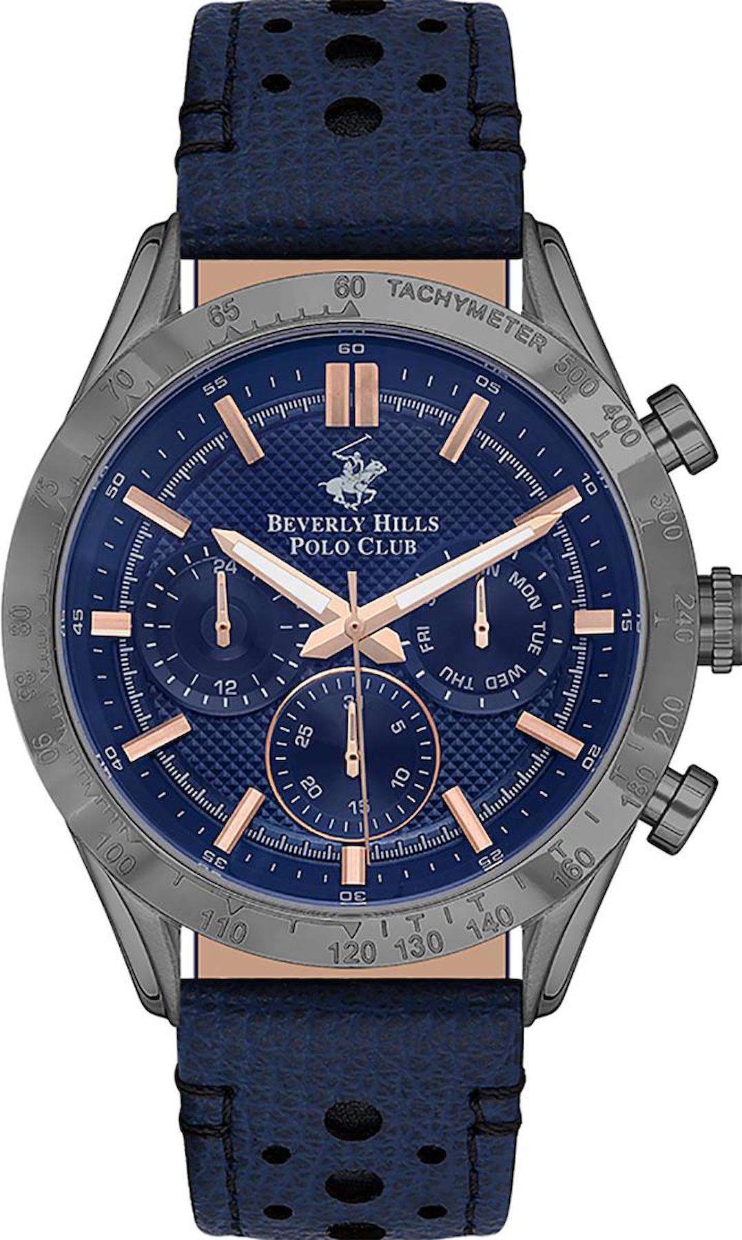 Beverly Hills Polo Club BP3317X099 Takvimli 45 mm Lacivert Deri Kordon Analog Erkek Kol Saati
