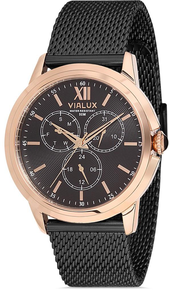 Vialux VX530R-04SR Takvimli 43 mm Siyah Çelik Kordon Analog Kol Saati