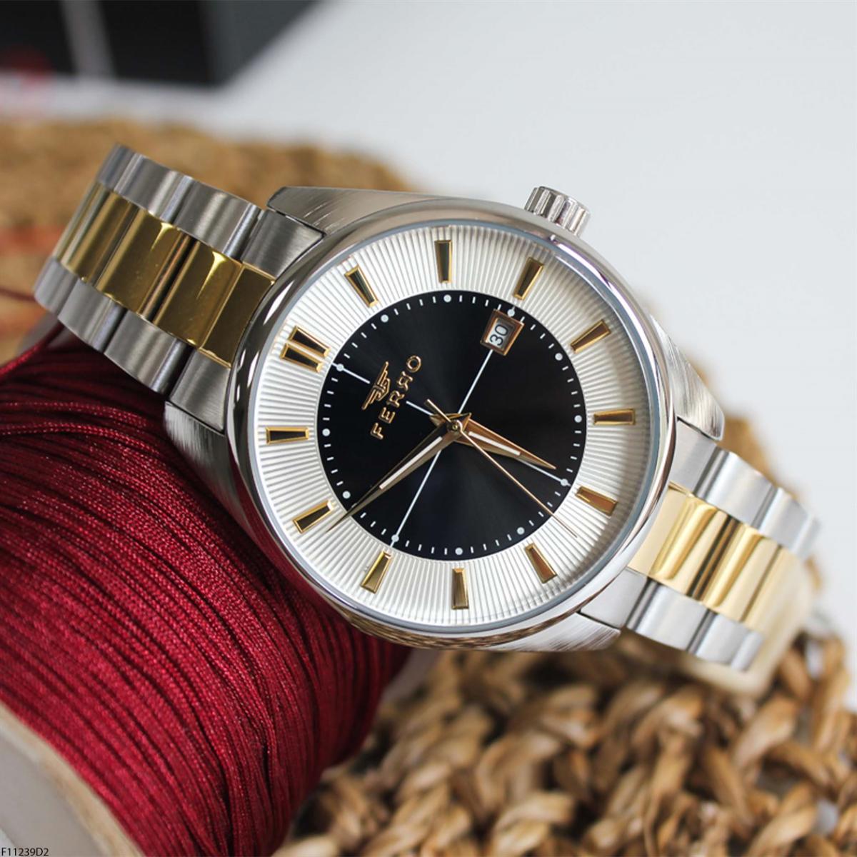 Ferro F11239D2 Takvimli 42 mm Altın-Çelik Kordon Analog Erkek Kol Saati