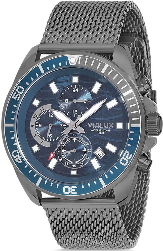 Vialux VX558N-11SN Takvimli 45 mm Füme Çelik Kordon Analog Kol Saati