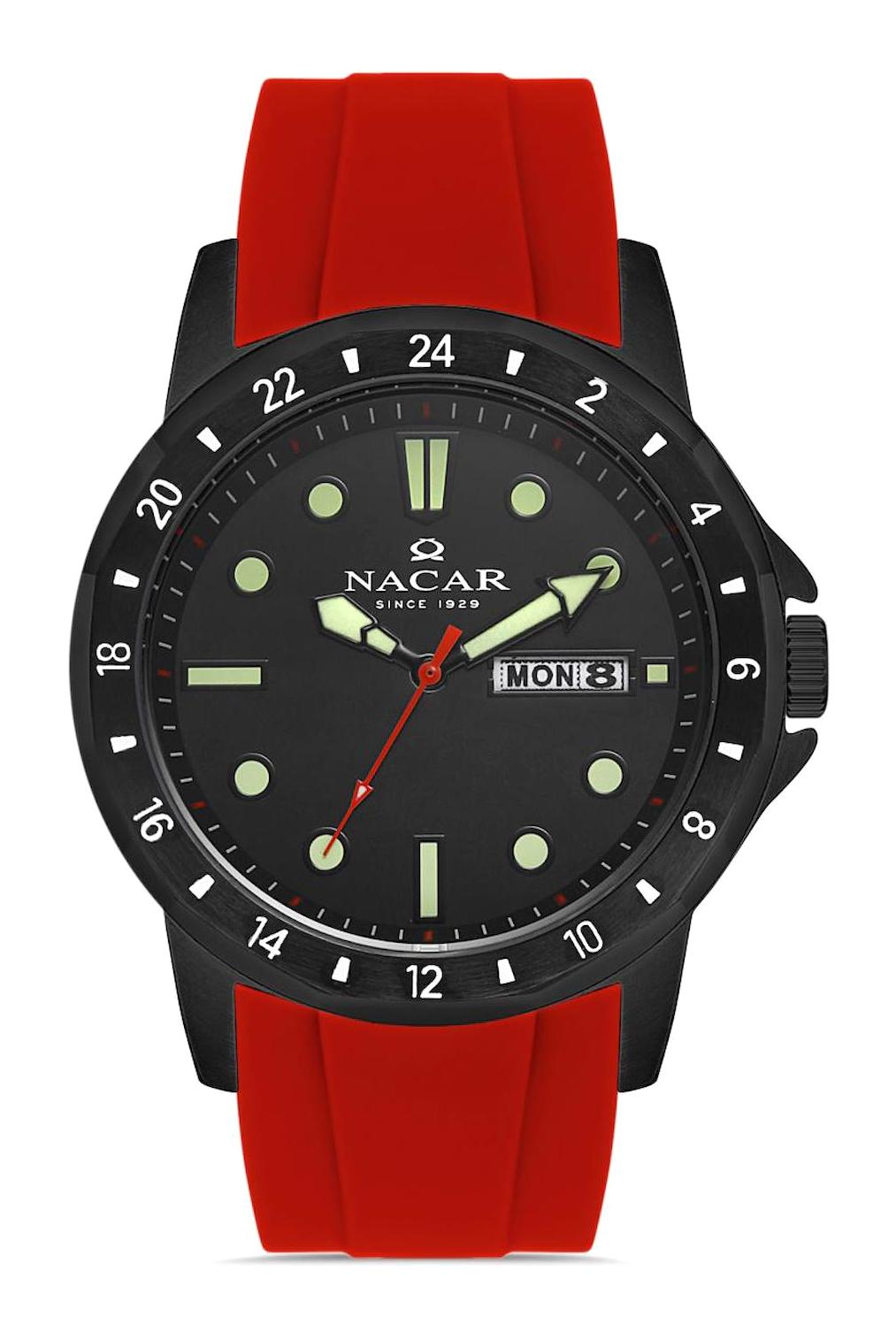 Nacar 21297208BBS4 Takvimli 44 mm Kırmızı Çelik Kordon Analog Kol Saati