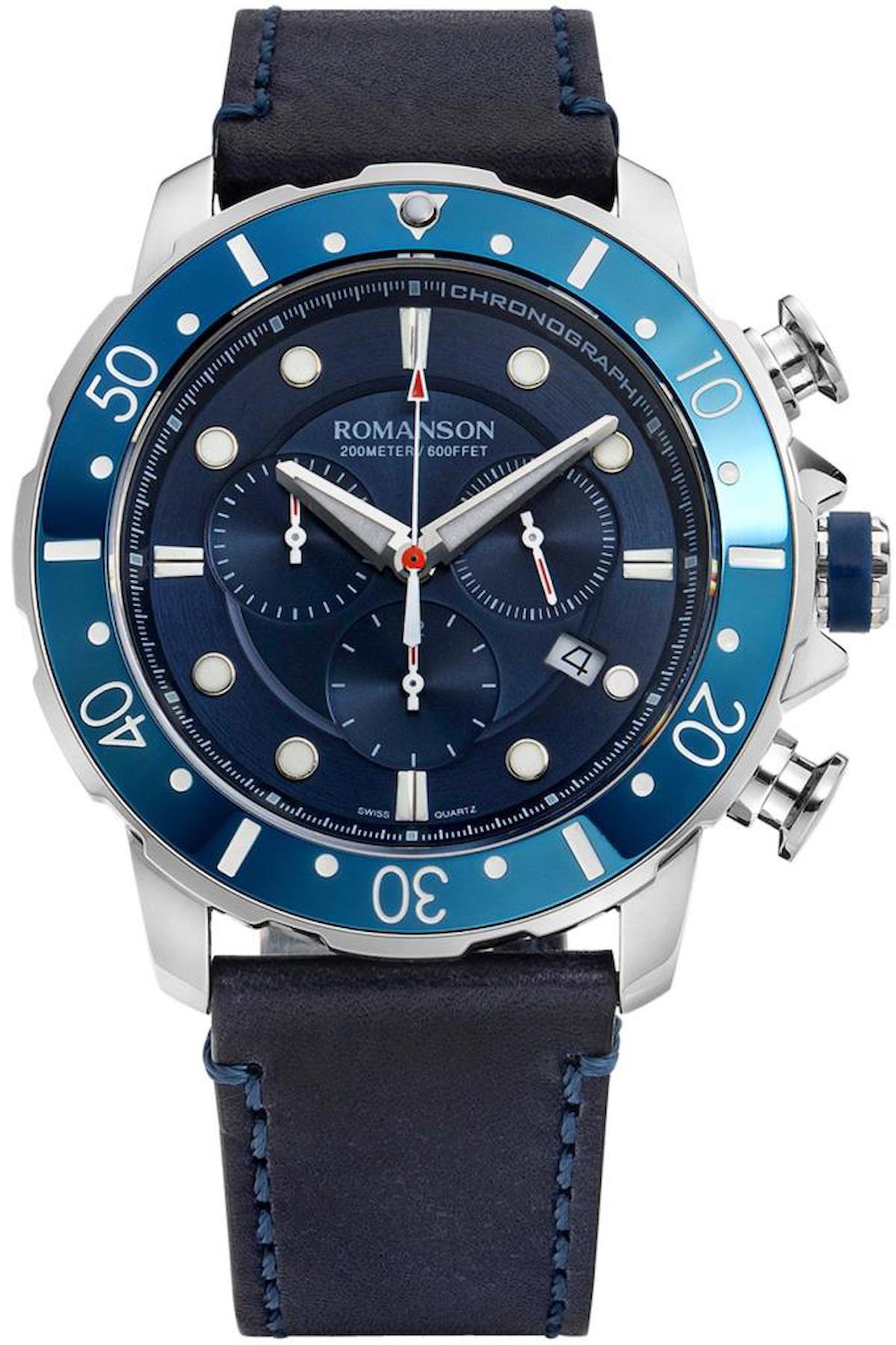 Romanson AL9A11HMUWA42W Takvimli 43 mm Lacivert Deri Kordon Analog Erkek Kol Saati