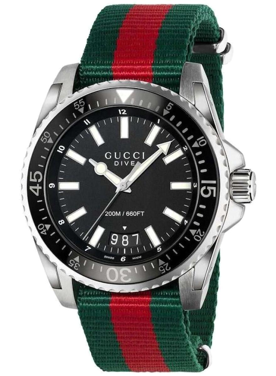 Gucci YA136206 Takvimli 45 mm Kırmızı-Yeşil Tekstil Kordon Analog Erkek Kol Saati