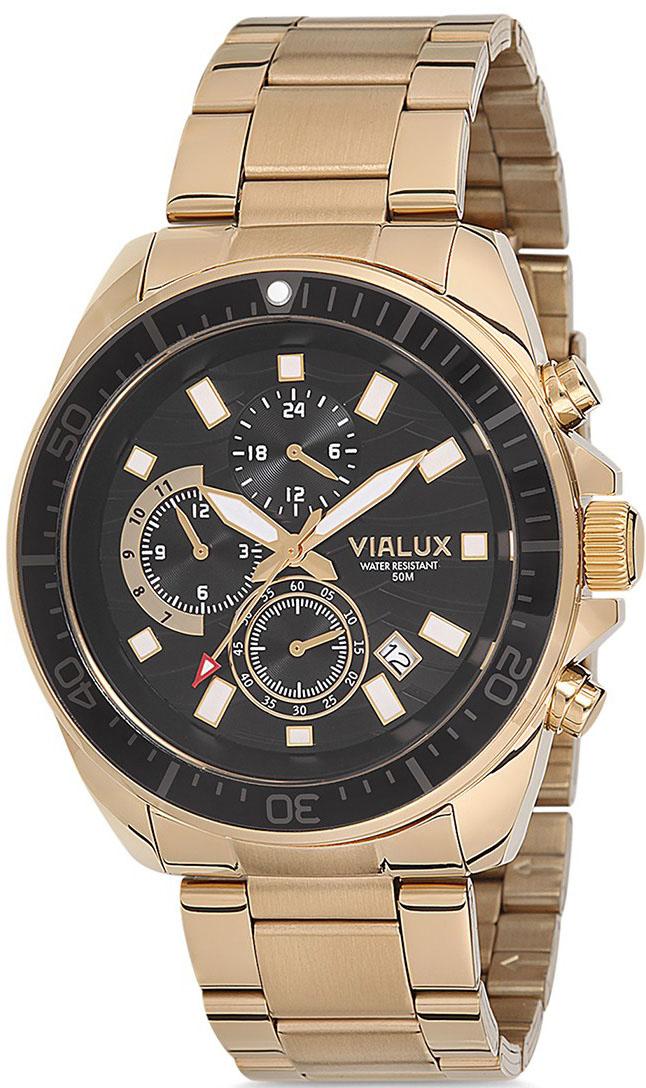 Vialux VX557G-04SG Takvimli 45 mm Altın Çelik Kordon Analog Kol Saati