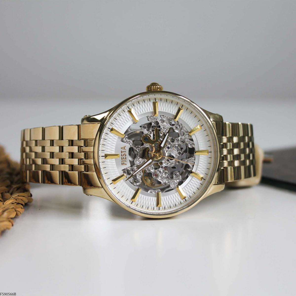 Fiesta FS90566B 45 mm Altın Çelik Kordon Analog Erkek Kol Saati