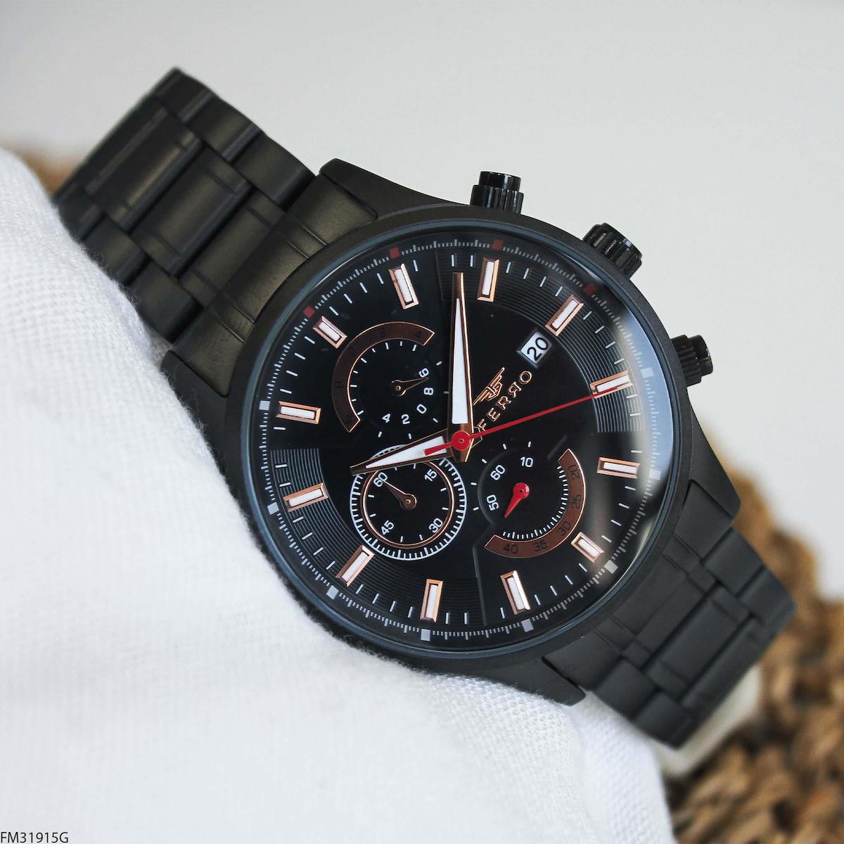 Ferro FM31915G Takvimli 44 mm Siyah Çelik Kordon Analog Erkek Kol Saati