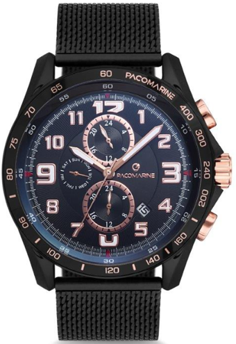 Pacomarine PM.61164.03 Takvimli 46 mm Siyah Çelik Kordon Analog Erkek Kol Saati