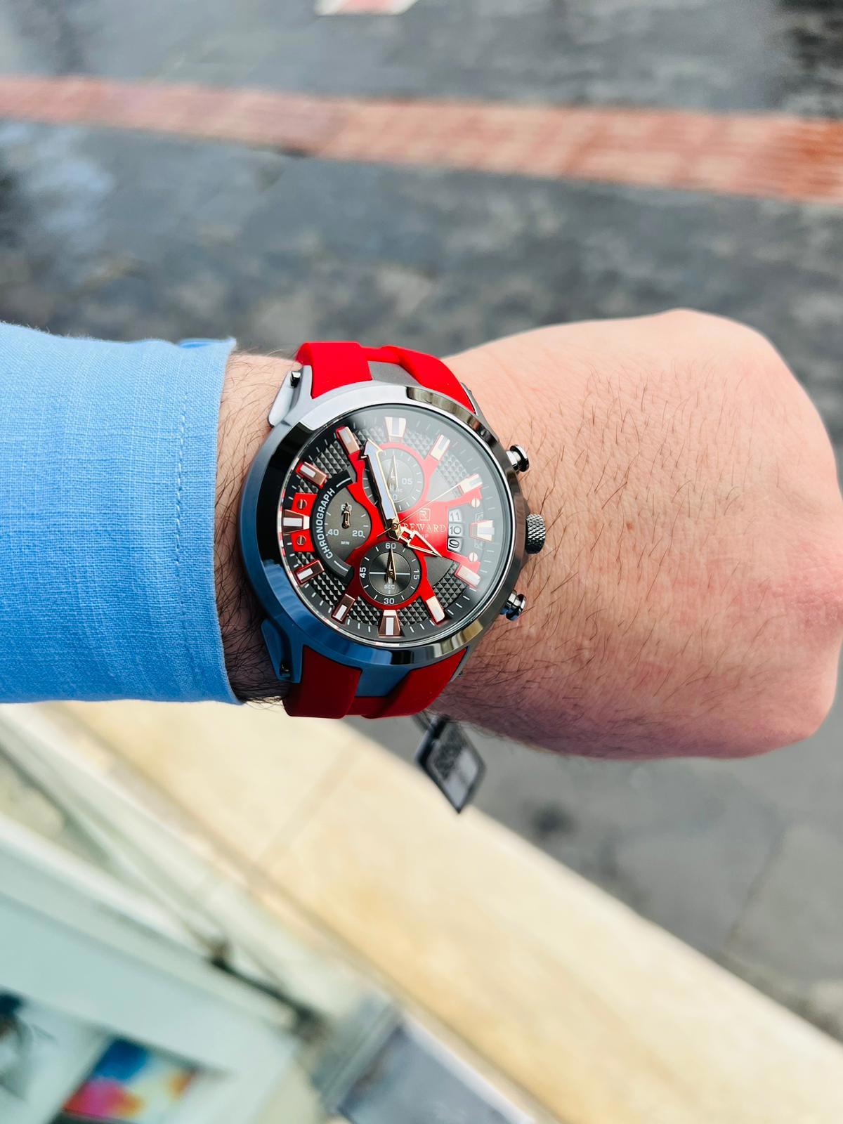 Reward REH597-3 Su Geçirmez Takvimli 44 mm Kırmızı Silikon Kordon Analog Erkek Kol Saati