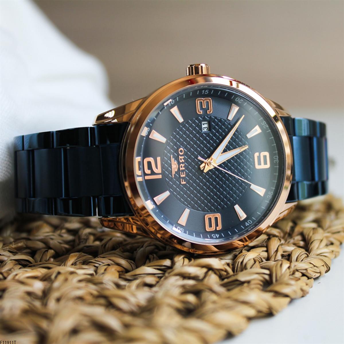 Ferro F11911T Takvimli 44 mm Lacivert Metal Kordon Analog Erkek Kol Saati