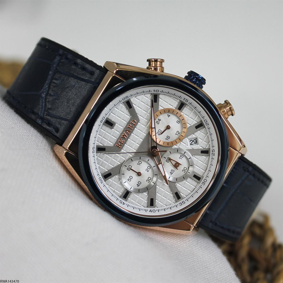 Reward RWA143470 Takvimli 45 mm Lacivert Deri Kordon Analog Erkek Kol Saati