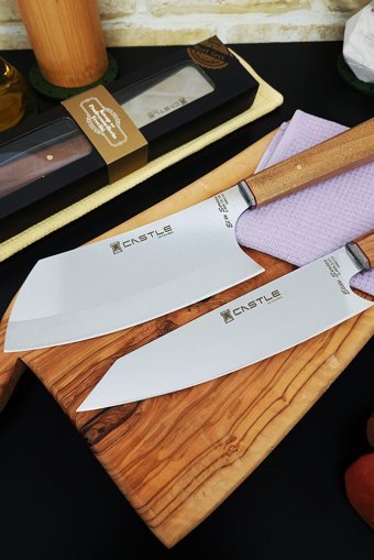 CASTLE KITCHEN Elite Serisi 2'li Mutfak Bıçak Seti Şef Bıçağı Et Ekmek Sebze Bıçağı ( Kiritsuke - Santaku Big )