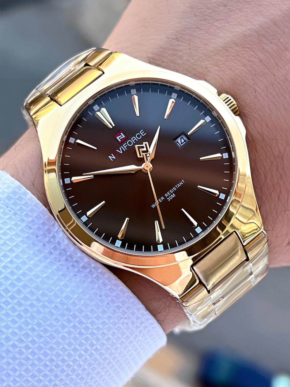 Naviforce ENF9214SR Takvimli 45-48 mm Altın Çelik Kordon Analog Erkek Kol Saati