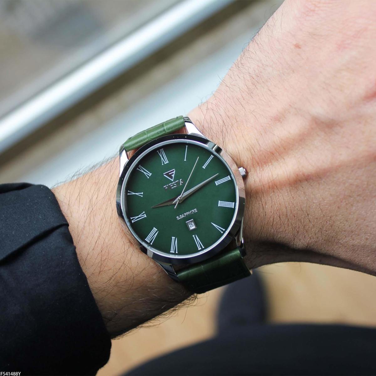 Fiesta FS41488Y Takvimli 43 mm Yeşil Deri Kordon Analog Erkek Kol Saati